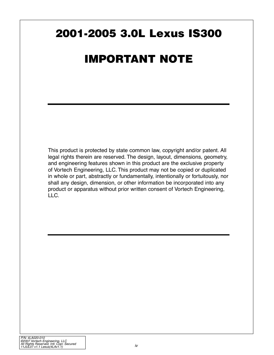 Vortech 2003-2005 Lexus 3.0L IS300 User Manual | Page 4 / 38