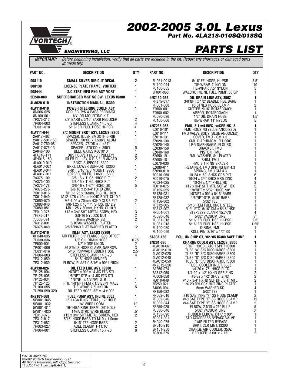 Parts list | Vortech 2003-2005 Lexus 3.0L IS300 User Manual | Page 6 / 38