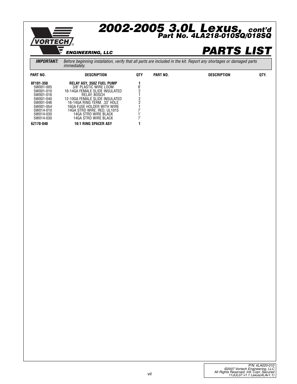 Parts list | Vortech 2003-2005 Lexus 3.0L IS300 User Manual | Page 7 / 38