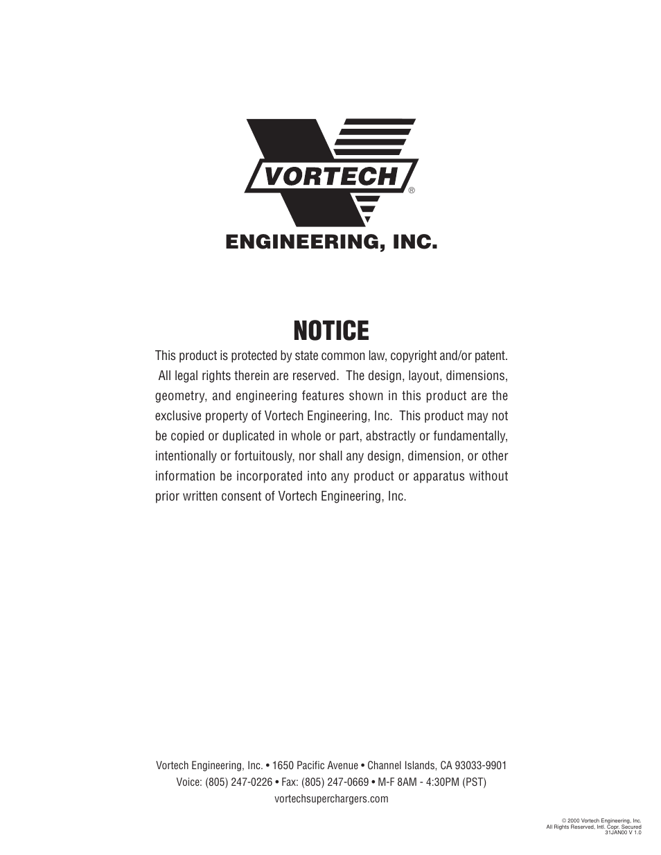 Notice, Engineering, inc | Vortech 1993-1997 5.7L LT1 F-Body User Manual | Page 2 / 18