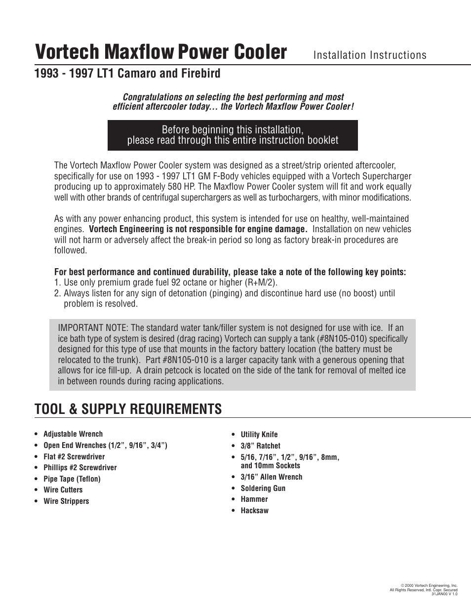 Vortech maxflow, Power cooler, Tool & supply requirements | Vortech 1993-1997 5.7L LT1 F-Body User Manual | Page 3 / 18