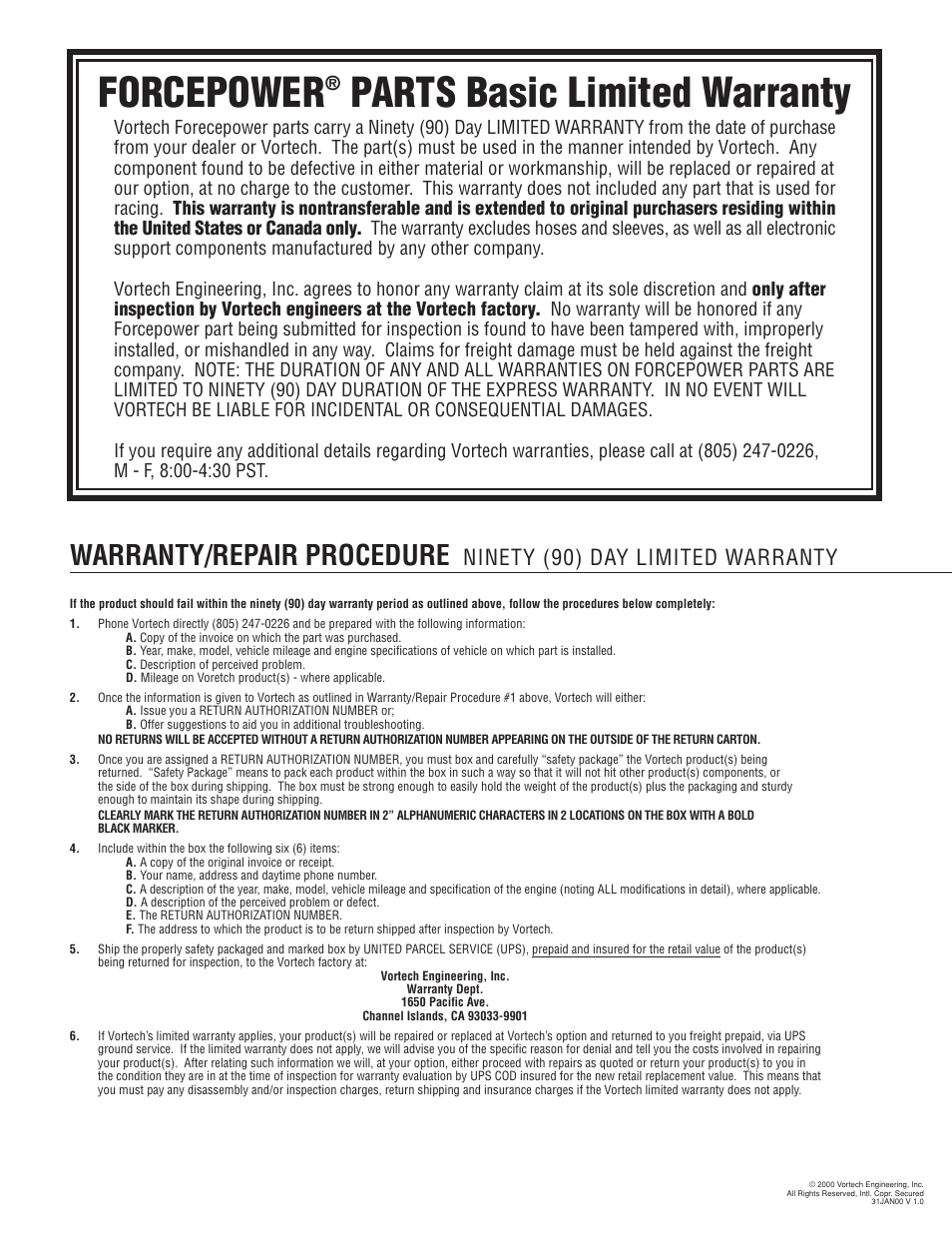 Forcepower, Parts basic limited warranty, Warranty/repair procedure | Ninety (90) day limited warranty | Vortech 1993-1997 5.7L LT1 F-Body User Manual | Page 4 / 18