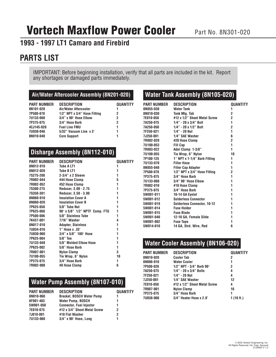 Vortech maxflow power cooler, Parts list | Vortech 1993-1997 5.7L LT1 F-Body User Manual | Page 5 / 18