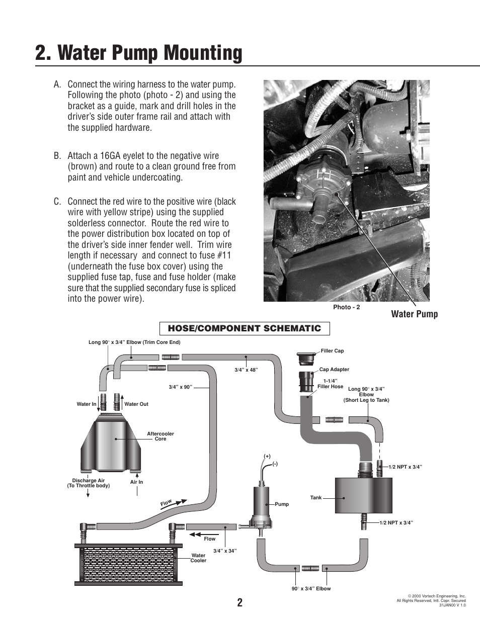 Water pump mounting, Water pump, Hose/component schematic | Vortech 1993-1997 5.7L LT1 F-Body User Manual | Page 7 / 18