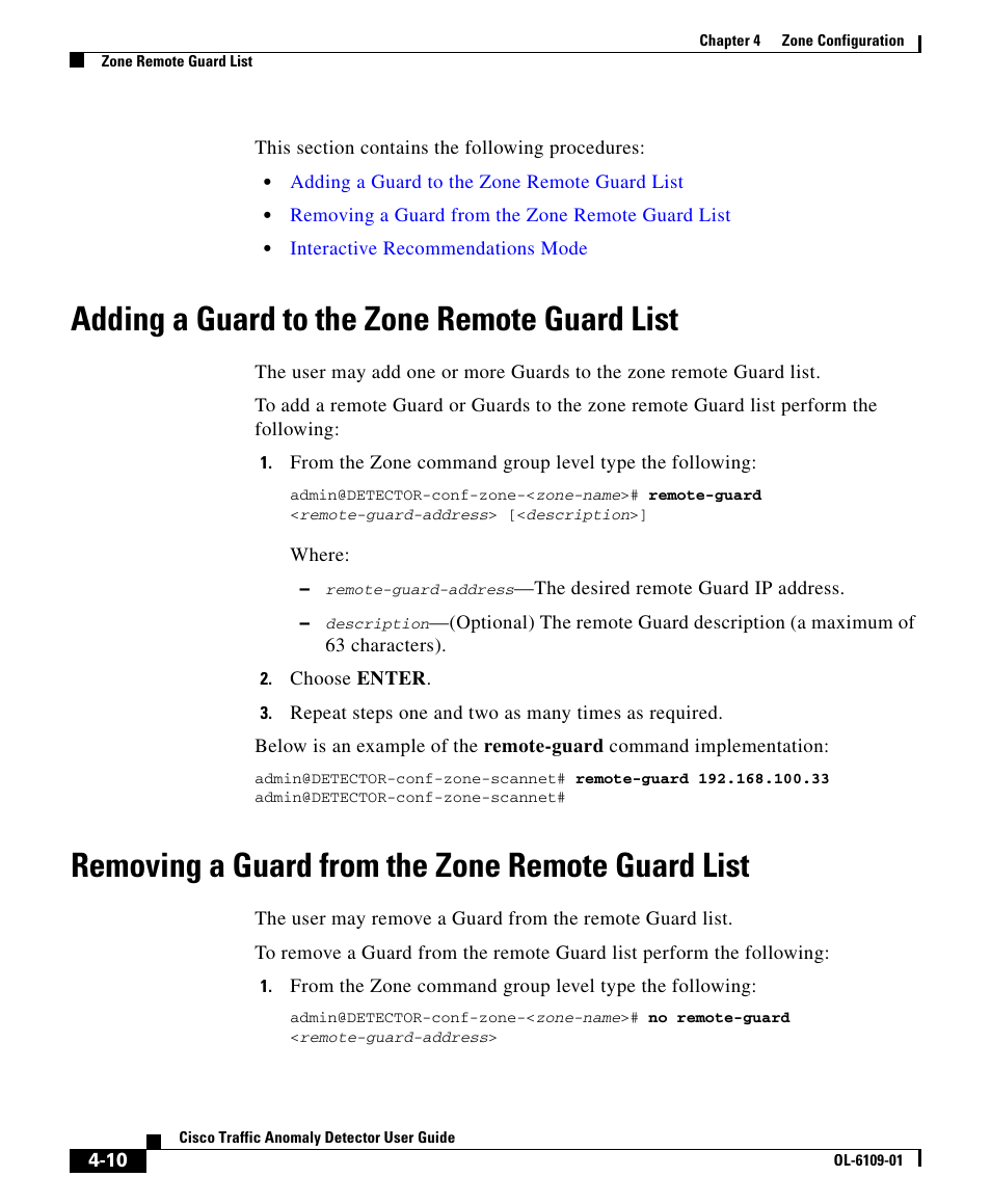 Adding a guard to the zone remote guard list, Removing a guard from the zone remote guard list | Cisco OL-6109-01 User Manual | Page 10 / 22
