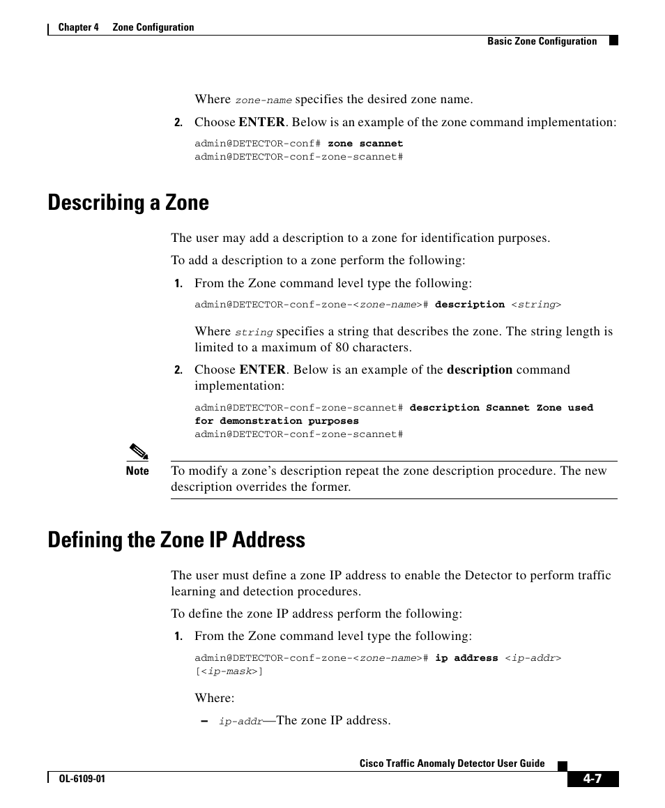 Describing a zone, Defining the zone ip address | Cisco OL-6109-01 User Manual | Page 7 / 22