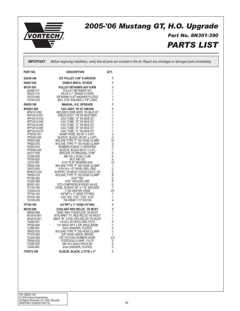 Parts list | Vortech 2005-2009 Ford 4.6L 3V Mustang GT Air-Air Cooler User Manual | Page 6 / 50