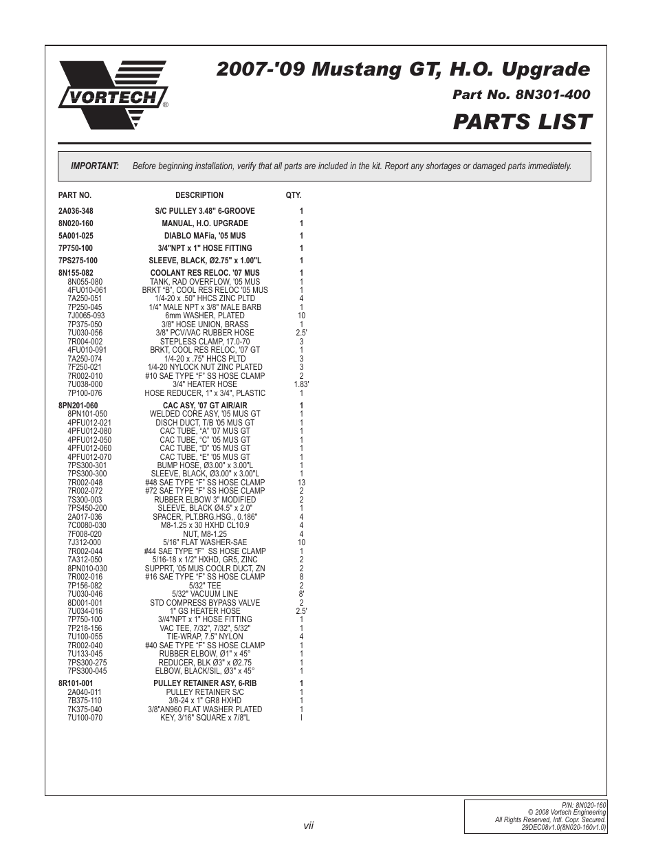 Parts list | Vortech 2005-2009 Ford 4.6L 3V Mustang GT Air-Air Cooler User Manual | Page 7 / 50