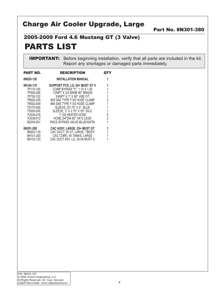 Parts list, Charge air cooler upgrade, large | Vortech 2005-2009 Ford 4.6L 3V Mustang GT User Manual | Page 10 / 46