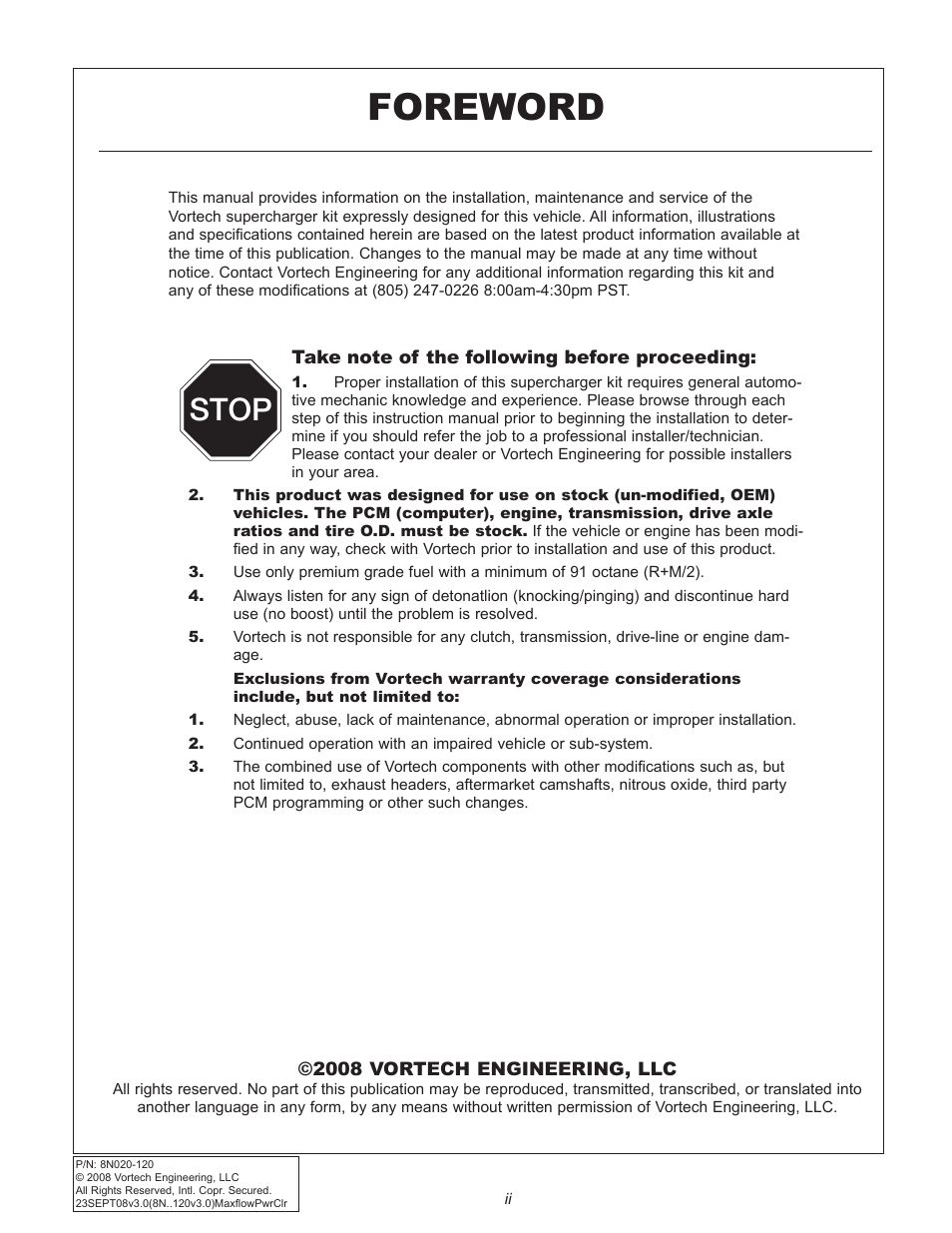 Foreword, Stop | Vortech 2005-2009 Ford 4.6L 3V Mustang GT User Manual | Page 2 / 46