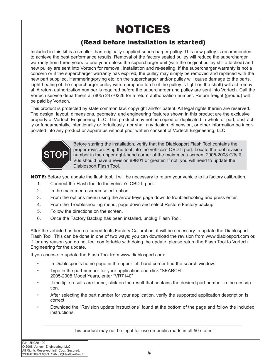Notices, Stop, Read before installation is started) | Vortech 2005-2009 Ford 4.6L 3V Mustang GT User Manual | Page 4 / 46