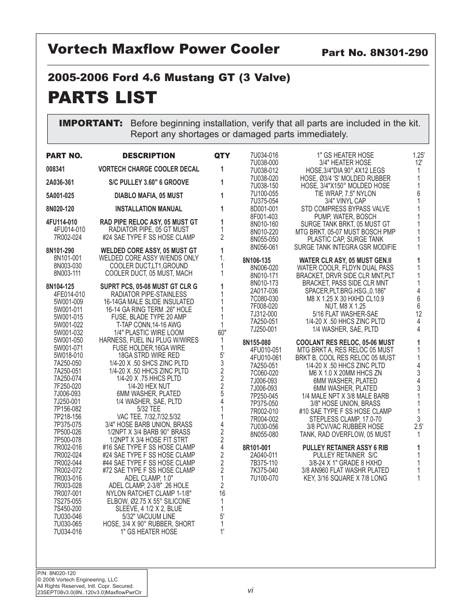 Parts list, Vortech maxflow power cooler | Vortech 2005-2009 Ford 4.6L 3V Mustang GT User Manual | Page 6 / 46