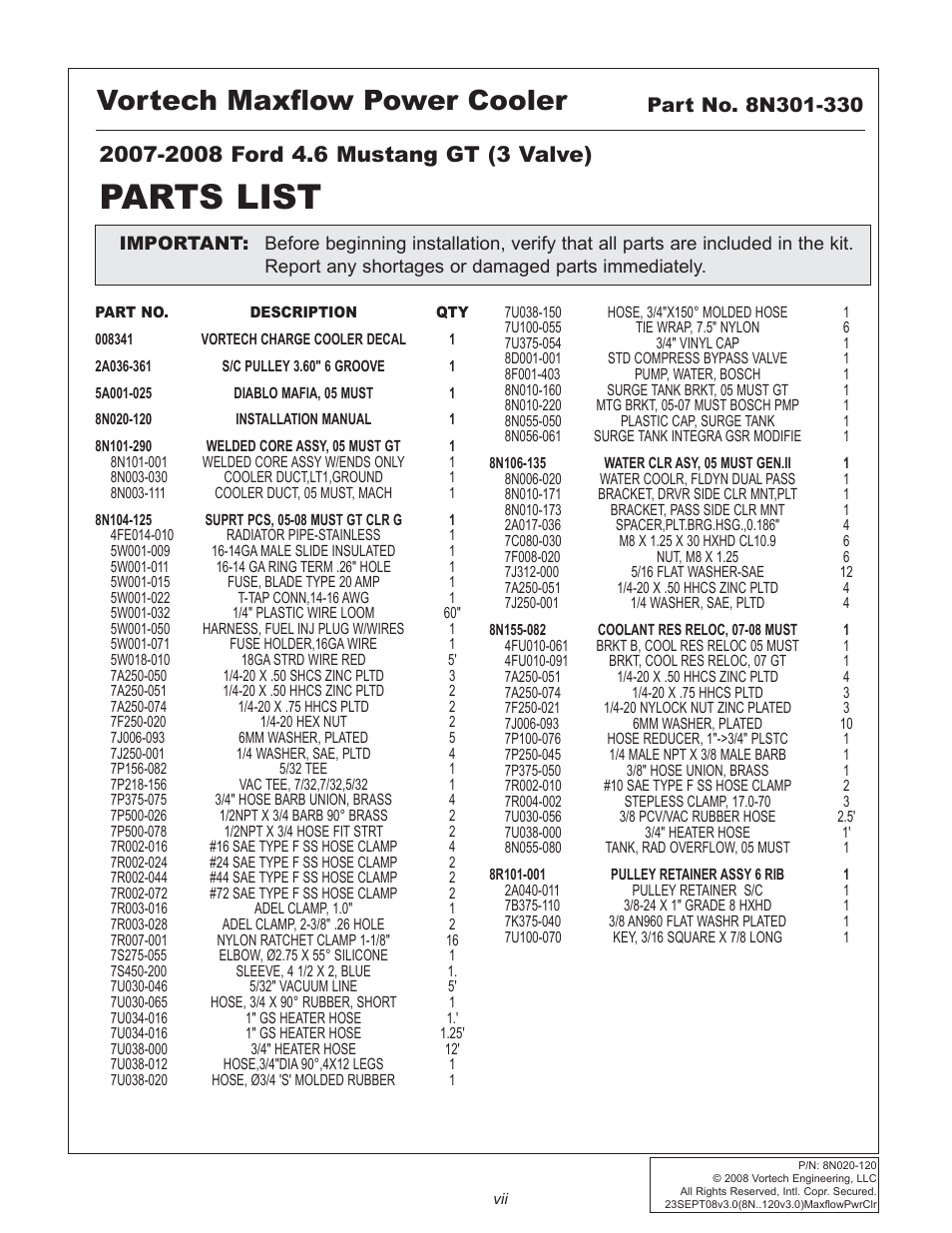 Parts list, Vortech maxflow power cooler | Vortech 2005-2009 Ford 4.6L 3V Mustang GT User Manual | Page 7 / 46