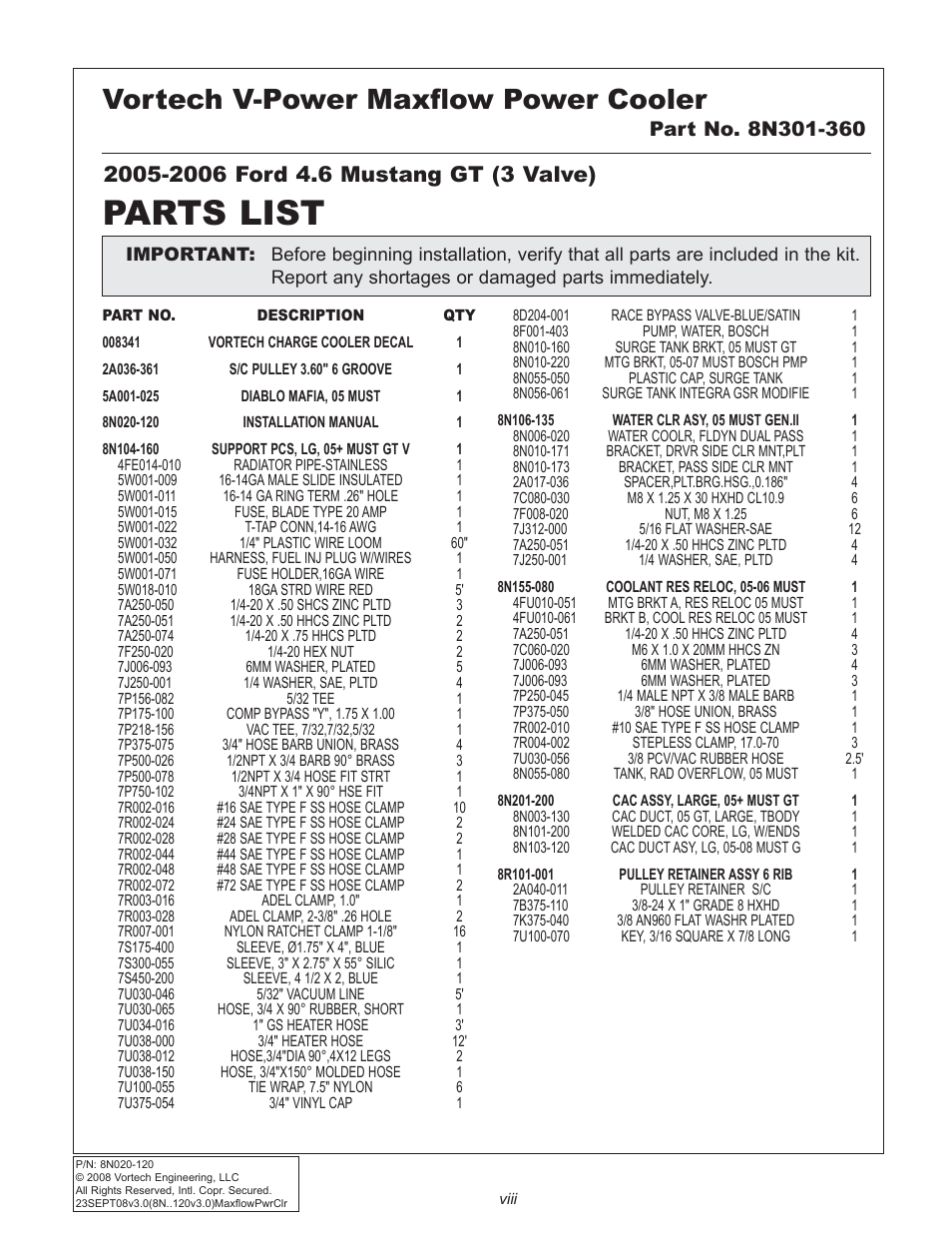 Parts list, Vortech v-power maxflow power cooler | Vortech 2005-2009 Ford 4.6L 3V Mustang GT User Manual | Page 8 / 46