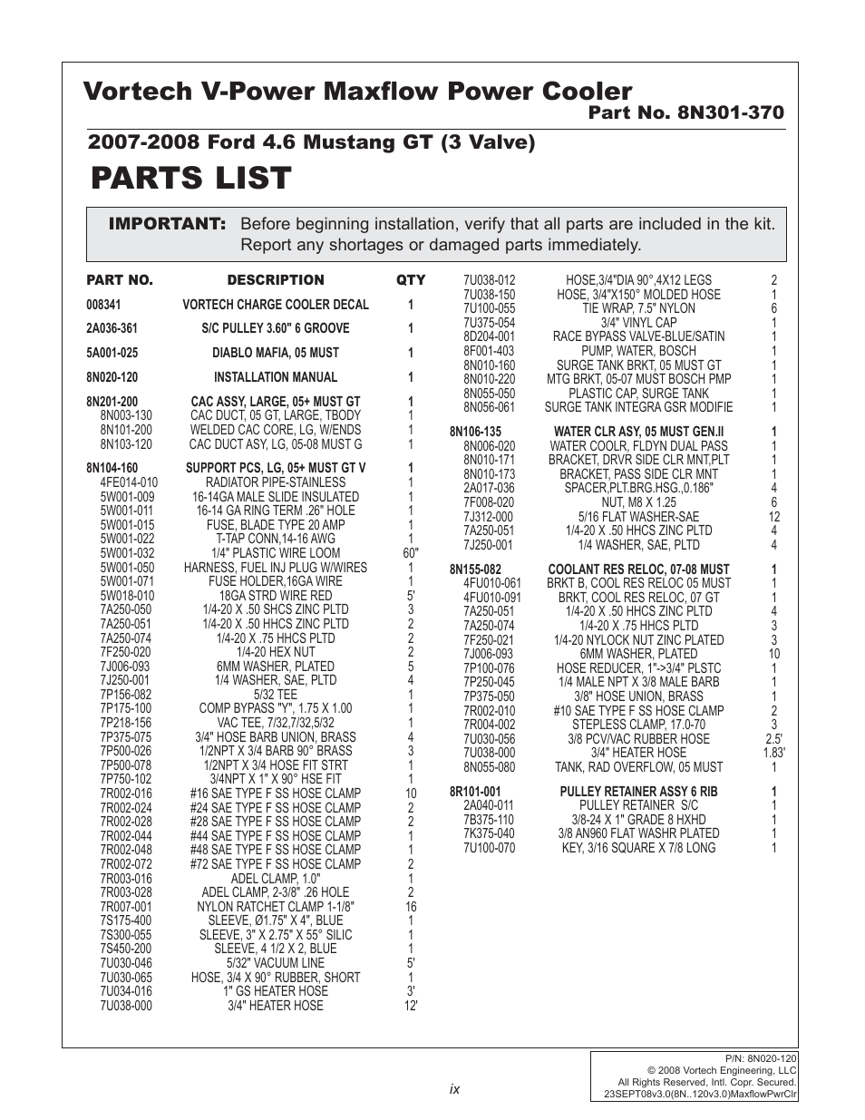 Parts list, Vortech v-power maxflow power cooler | Vortech 2005-2009 Ford 4.6L 3V Mustang GT User Manual | Page 9 / 46