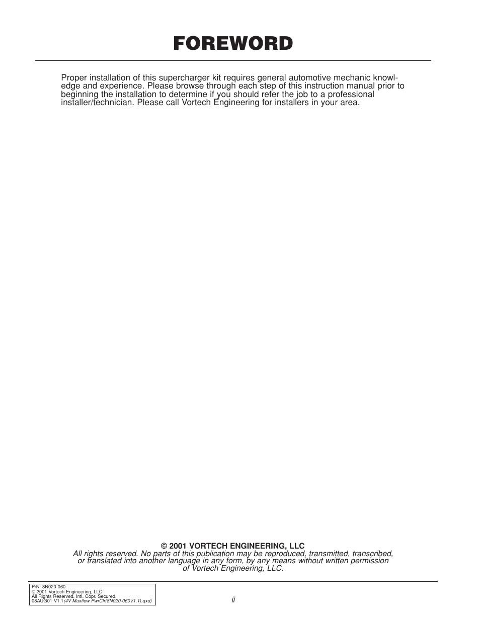 Foreword | Vortech 1999 & 2001 Ford 4.6L Mustang Cobra User Manual | Page 2 / 20