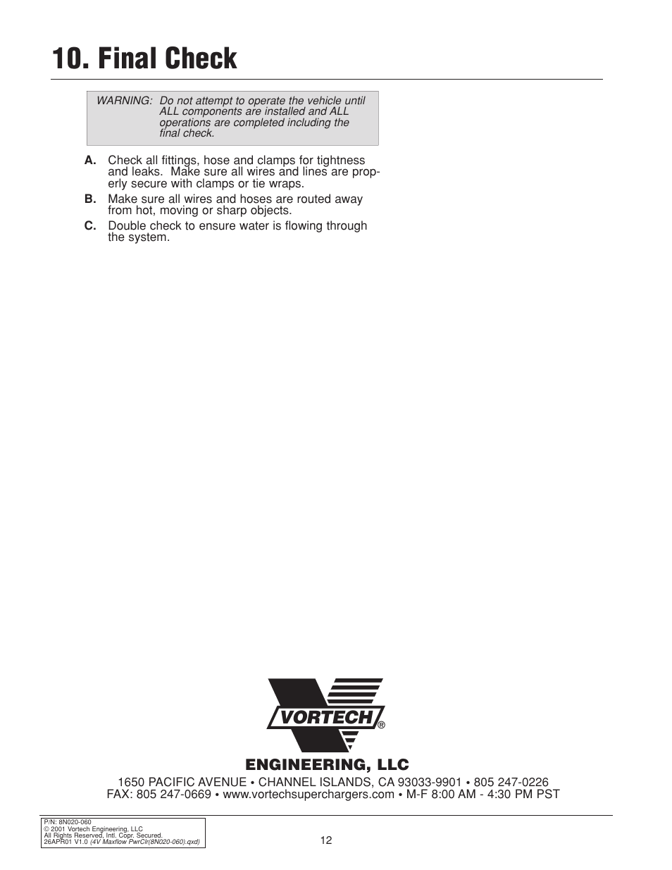 Final check, Vortech | Vortech 1999 & 2001 Ford 4.6L Mustang Cobra User Manual | Page 20 / 20