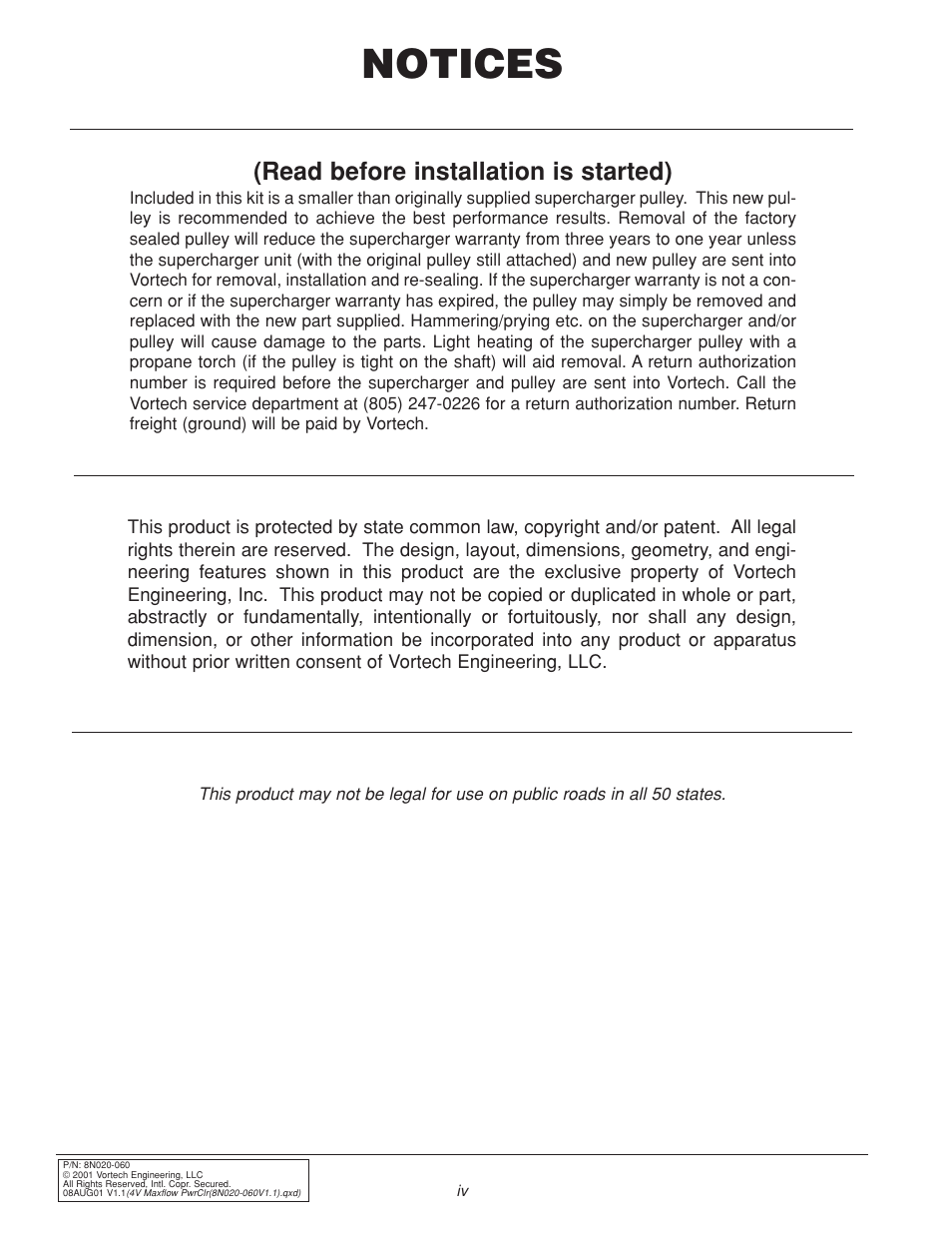 Notices, Read before installation is started) | Vortech 1999 & 2001 Ford 4.6L Mustang Cobra User Manual | Page 4 / 20