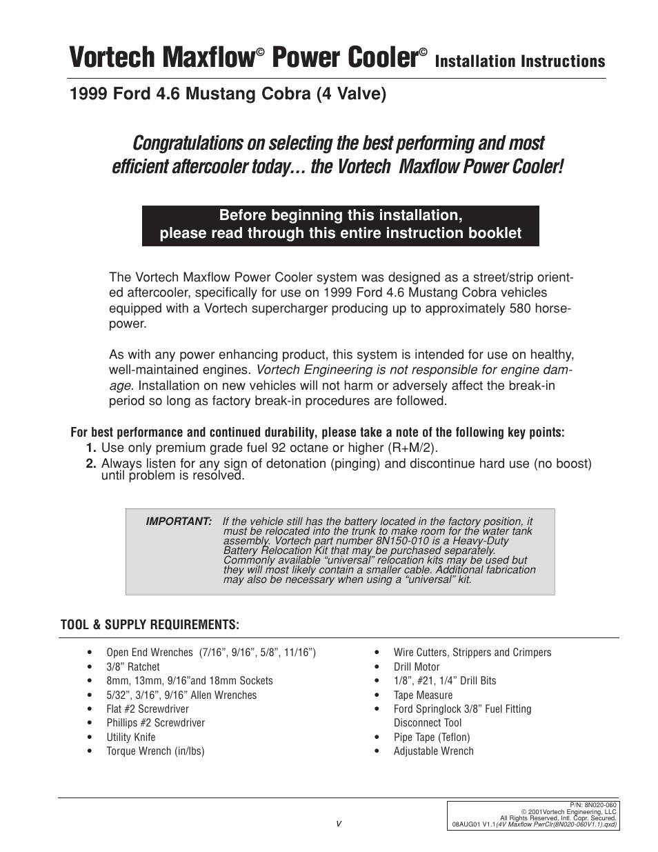 Vortech maxflow, Power cooler, Installation instructions | Vortech 1999 & 2001 Ford 4.6L Mustang Cobra User Manual | Page 5 / 20