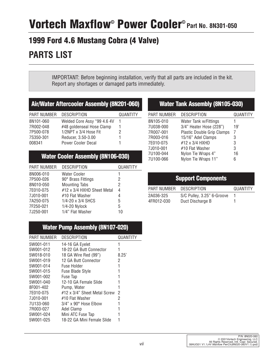Vortech maxflow, Power cooler, Parts list | Support components | Vortech 1999 & 2001 Ford 4.6L Mustang Cobra User Manual | Page 7 / 20