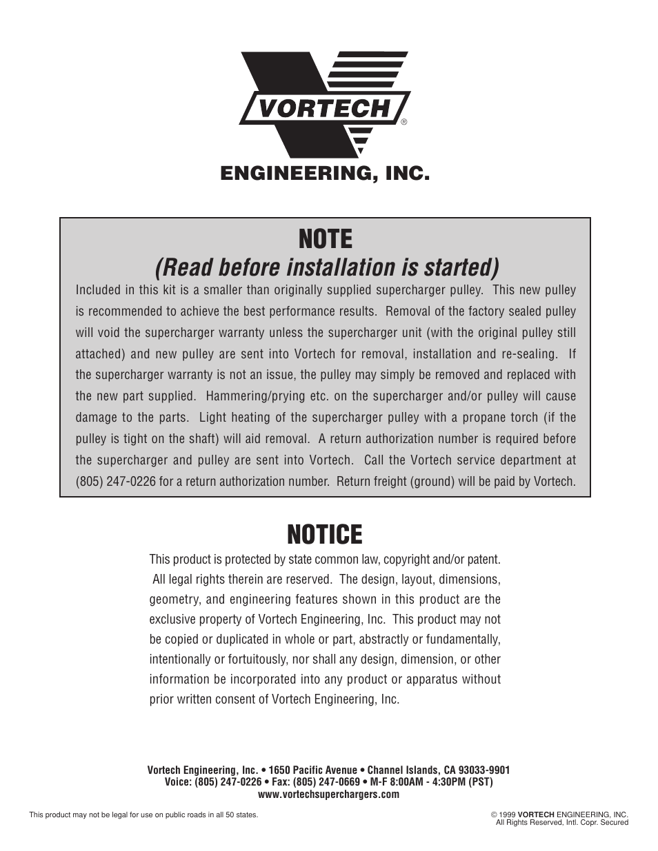 Notice, Read before installation is started), Engineering, inc | Vortech 1996-1998 Ford 4.6L Mustang Cobra User Manual | Page 2 / 14