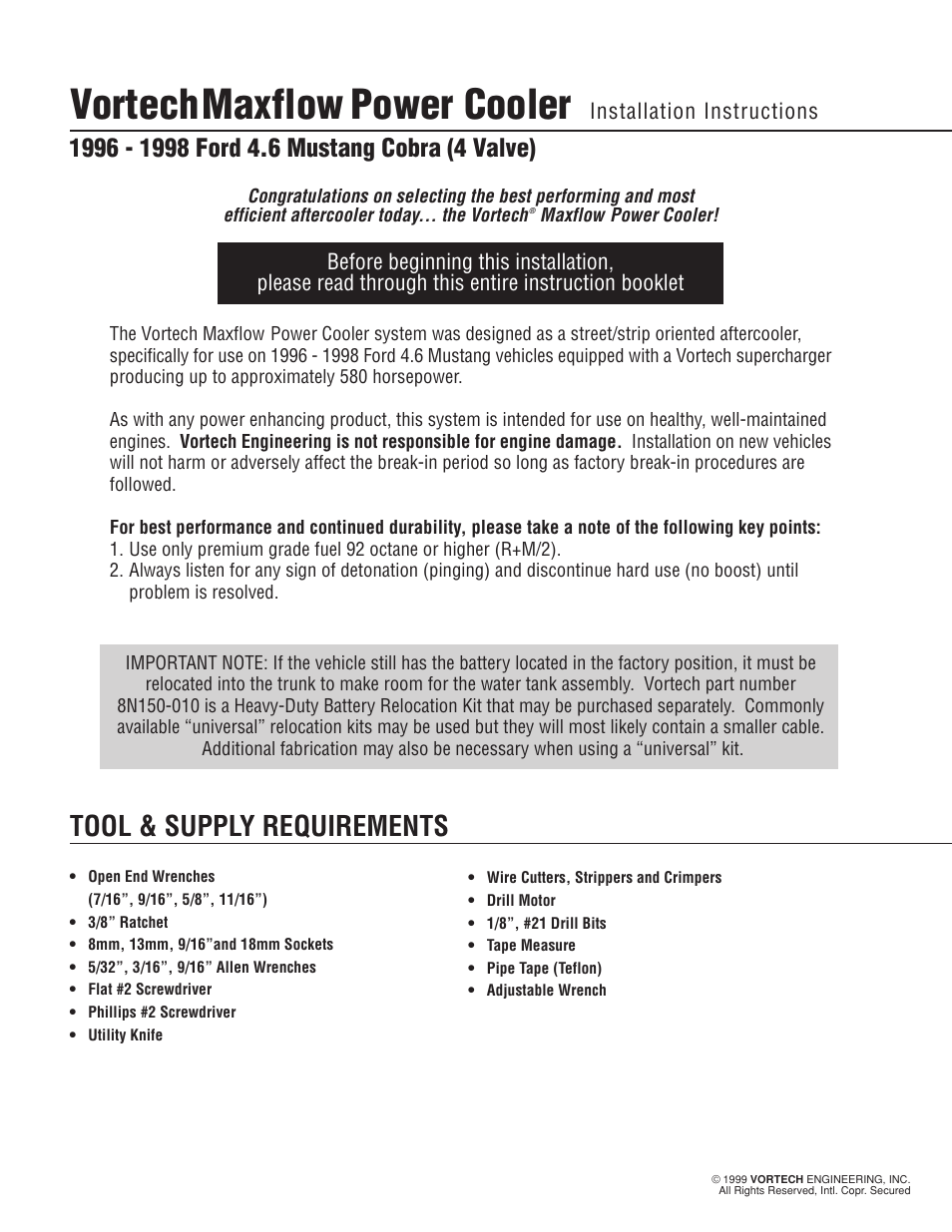 Vortech maxflow, Power cooler, Tool & supply requirements | Vortech 1996-1998 Ford 4.6L Mustang Cobra User Manual | Page 3 / 14