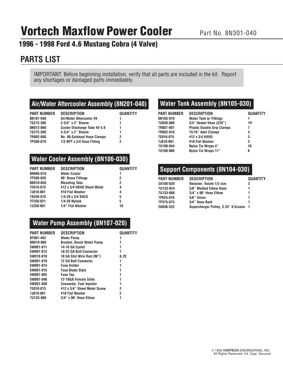 Vortech maxflow, Power cooler, Parts list | Vortech 1996-1998 Ford 4.6L Mustang Cobra User Manual | Page 5 / 14