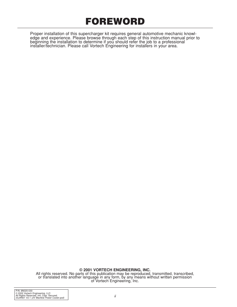 Foreword | Vortech 1996-2004 Ford 4.6L Mustang GT User Manual | Page 2 / 20