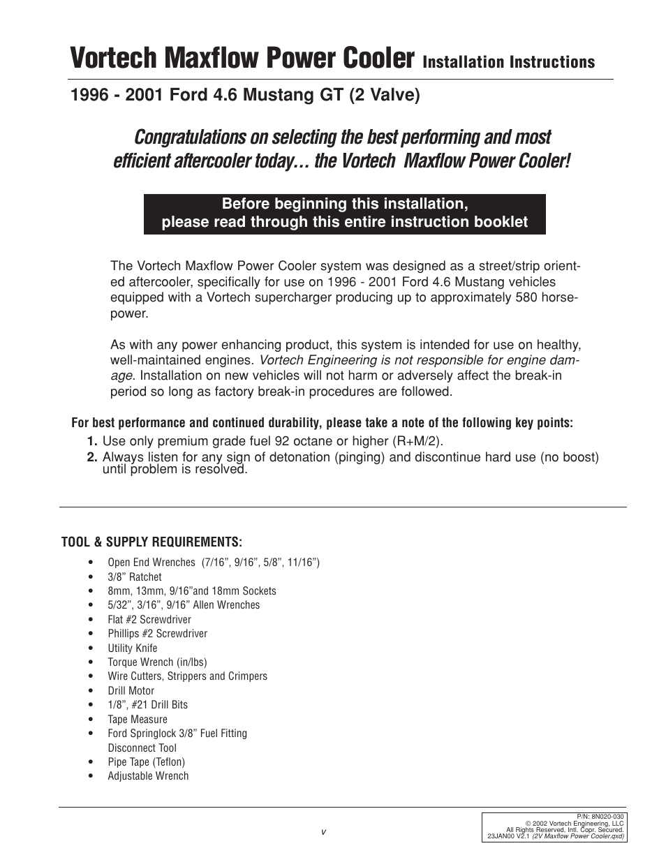 Vortech maxflow power cooler, Installation instructions | Vortech 1996-2004 Ford 4.6L Mustang GT User Manual | Page 5 / 20