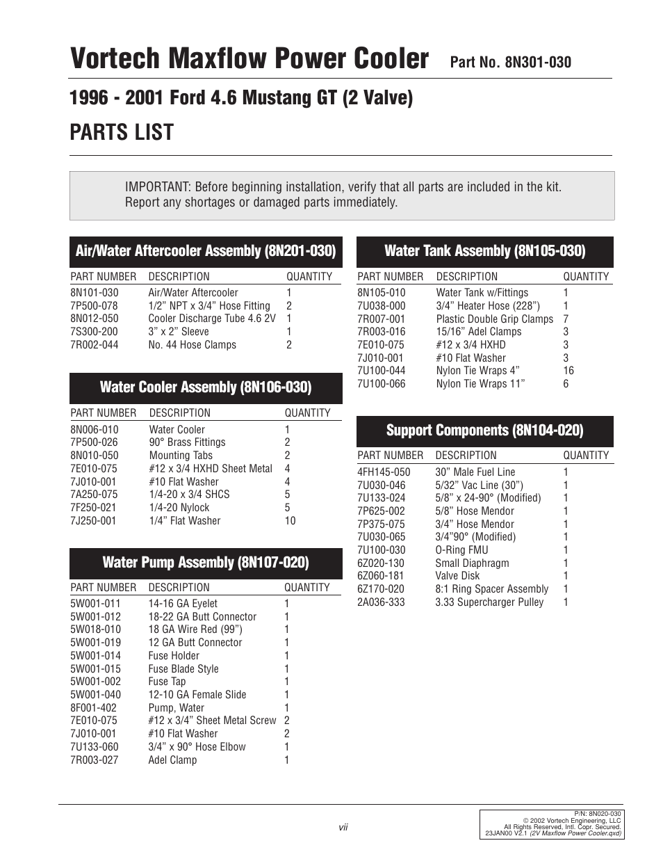 Vortech maxflow power cooler, Parts list | Vortech 1996-2004 Ford 4.6L Mustang GT User Manual | Page 7 / 20
