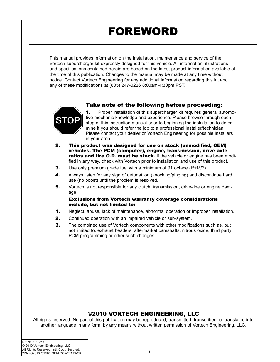 Foreword, Stop | Vortech 2007-2009 FORD GT500 OEM POWER PACK UPGRADE User Manual | Page 2 / 26