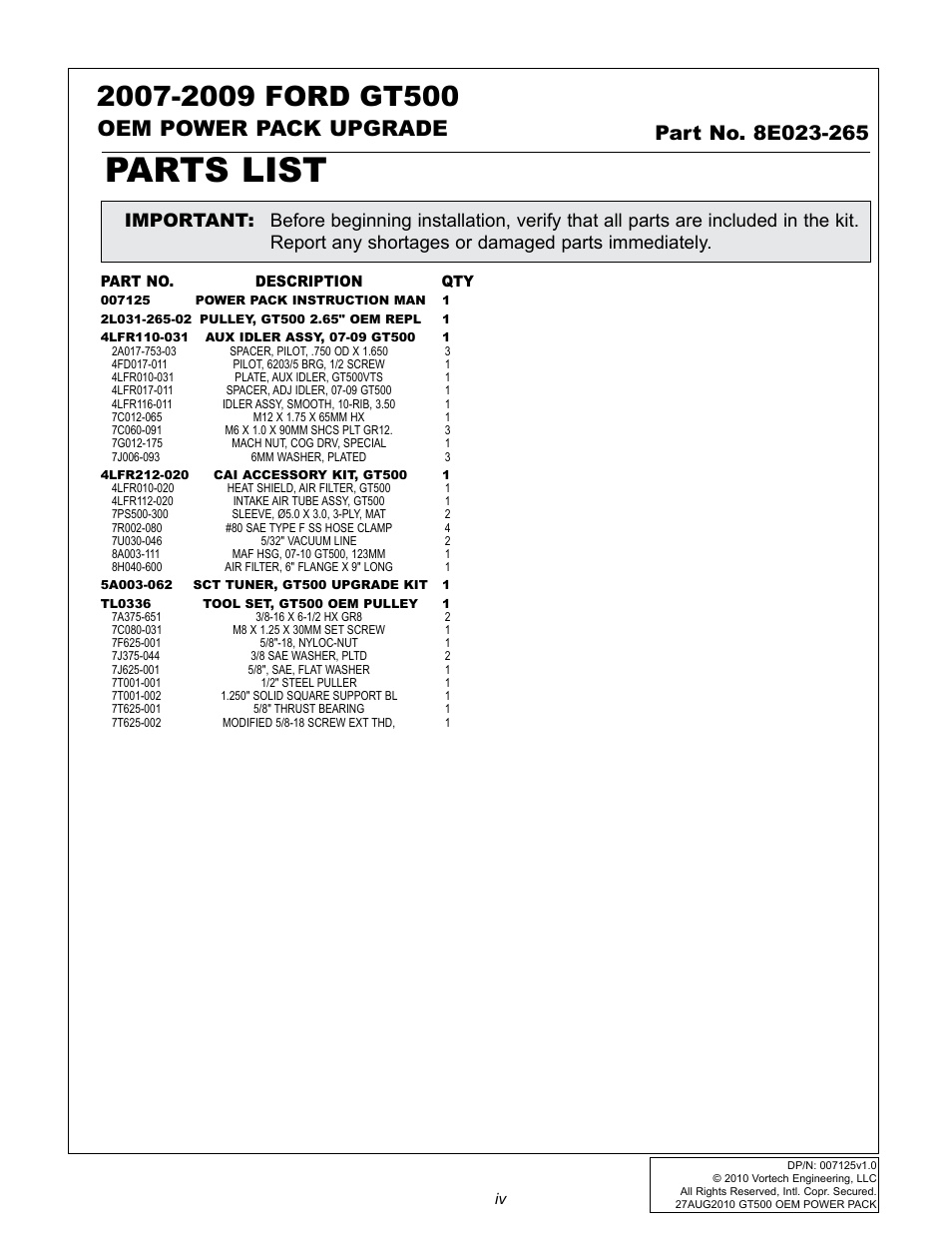 Parts list, Oem power pack upgrade | Vortech 2007-2009 FORD GT500 OEM POWER PACK UPGRADE User Manual | Page 5 / 26