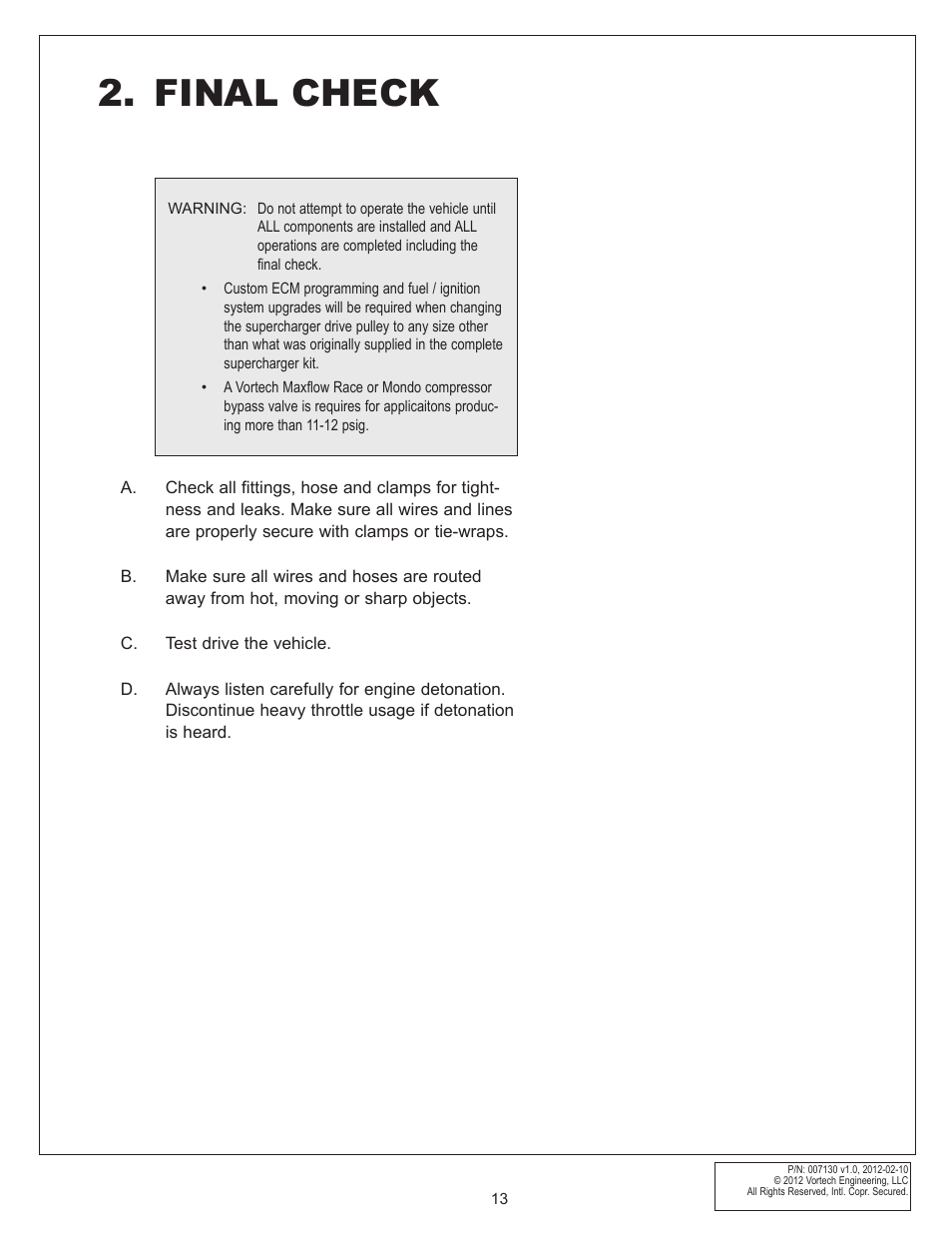 Final check | Vortech 8-Rib Drive Upgrade for 2011-2012 Mustang GT User Manual | Page 21 / 22