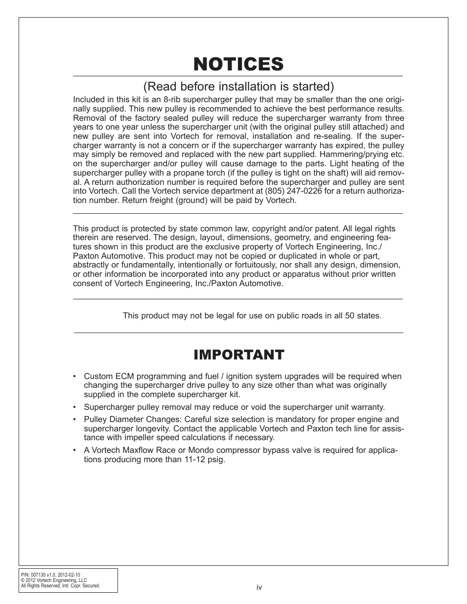 Notices, Important, Read before installation is started) | Vortech 8-Rib Drive Upgrade for 2011-2012 Mustang GT User Manual | Page 4 / 22