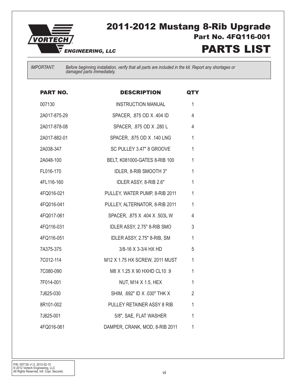 Parts list | Vortech 8-Rib Drive Upgrade for 2011-2012 Mustang GT User Manual | Page 6 / 22