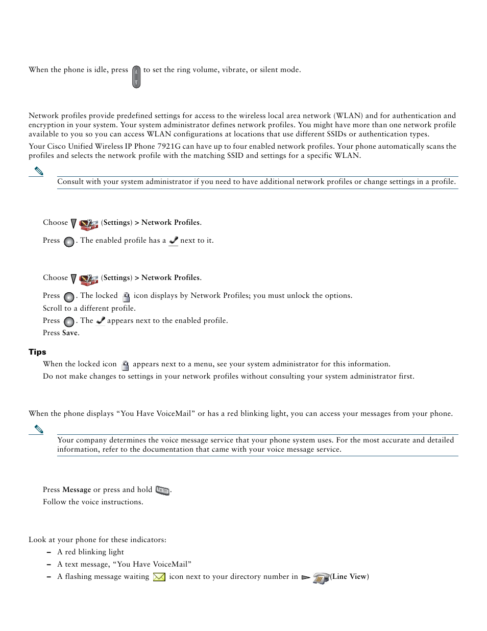 Choosing a network profile, Accessing voice messages | Cisco Unified IP Phone 7921 User Manual | Page 14 / 28