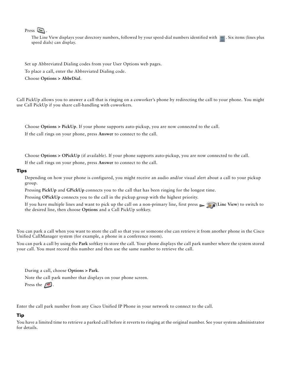 Call pickup, Parked calls | Cisco Unified IP Phone 7921 User Manual | Page 20 / 28