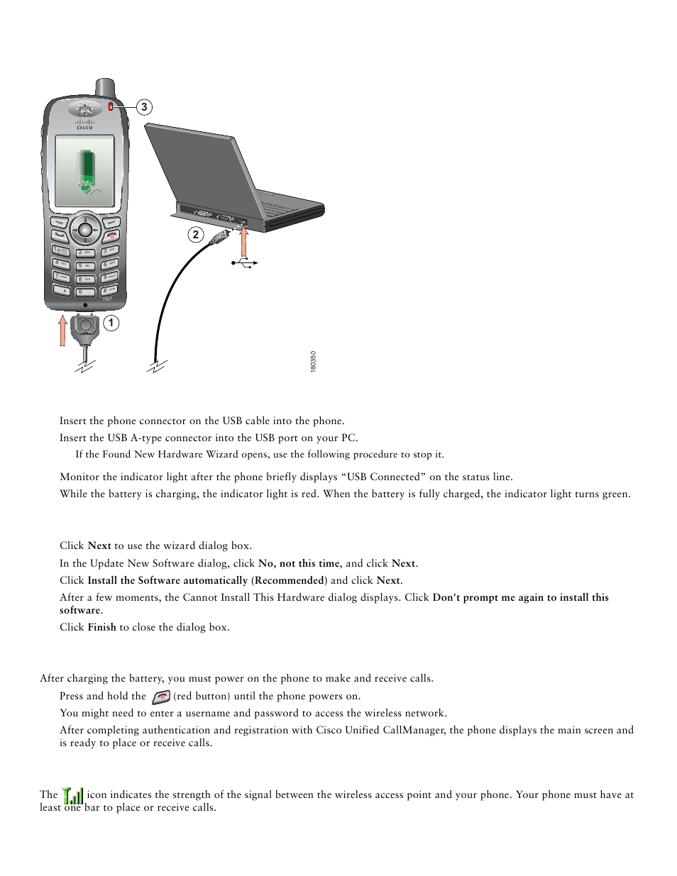 Powering on the phone, Charge the battery using the usb cable, Check signal strength | Cisco Unified IP Phone 7921 User Manual | Page 8 / 28