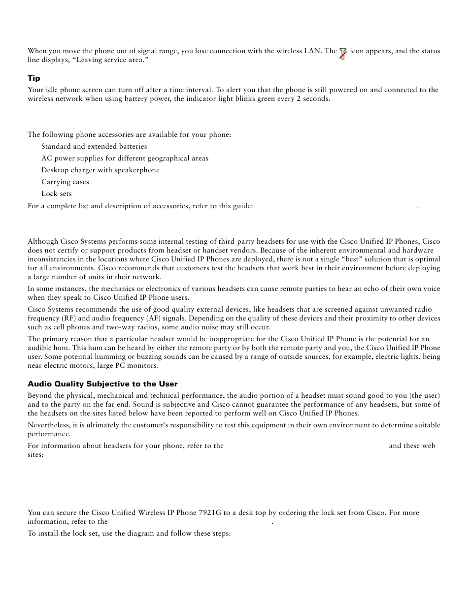 Headset information, Securing the phone with a lock set and cable lock | Cisco Unified IP Phone 7921 User Manual | Page 9 / 28