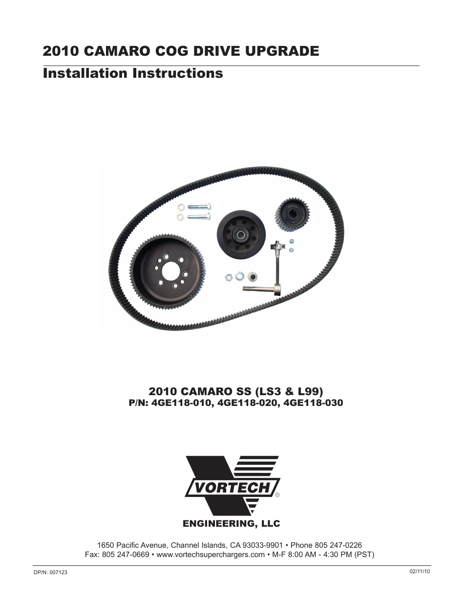 Vortech Cog Drive Upgrade for 2010-2011 Camaro User Manual | 20 pages