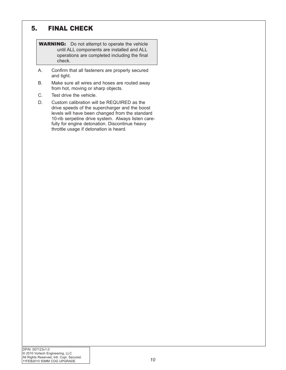 Final check | Vortech Cog Drive Upgrade for 2010-2011 Camaro User Manual | Page 18 / 20