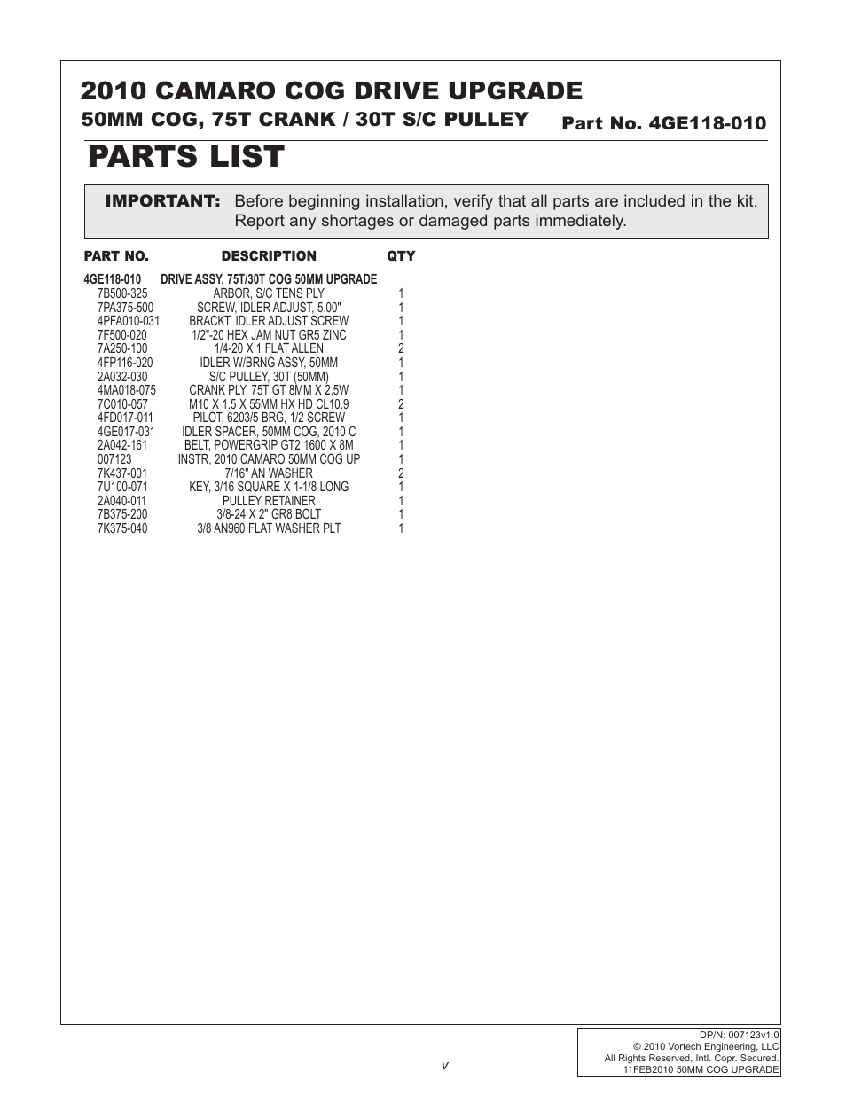 Parts list, 2010 camaro cog drive upgrade | Vortech Cog Drive Upgrade for 2010-2011 Camaro User Manual | Page 5 / 20