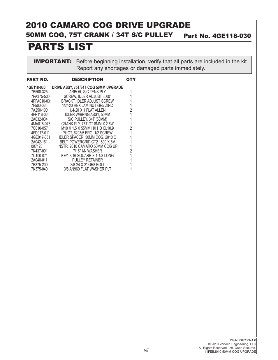 Parts list, 2010 camaro cog drive upgrade | Vortech Cog Drive Upgrade for 2010-2011 Camaro User Manual | Page 7 / 20