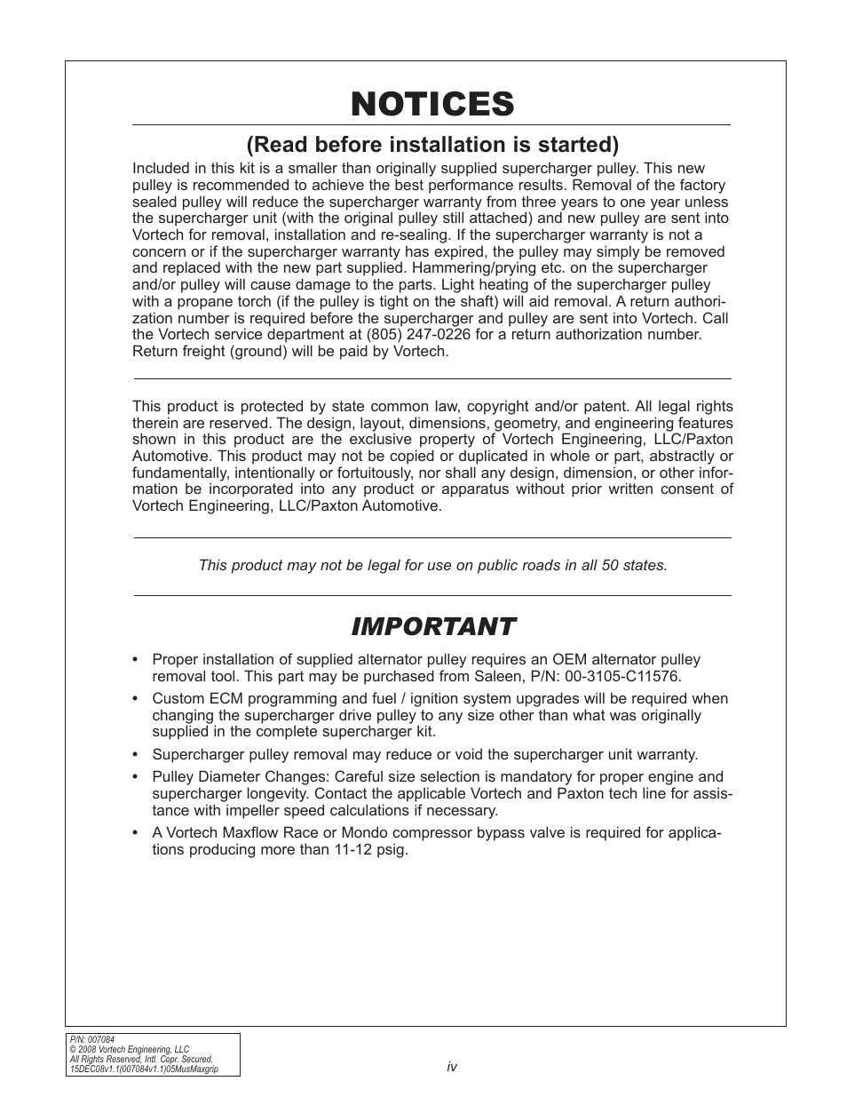 Notices, Important, Read before installation is started) | Vortech 8-Rib Drive Upgrade for 2005-2009 Mustang GT User Manual | Page 4 / 16