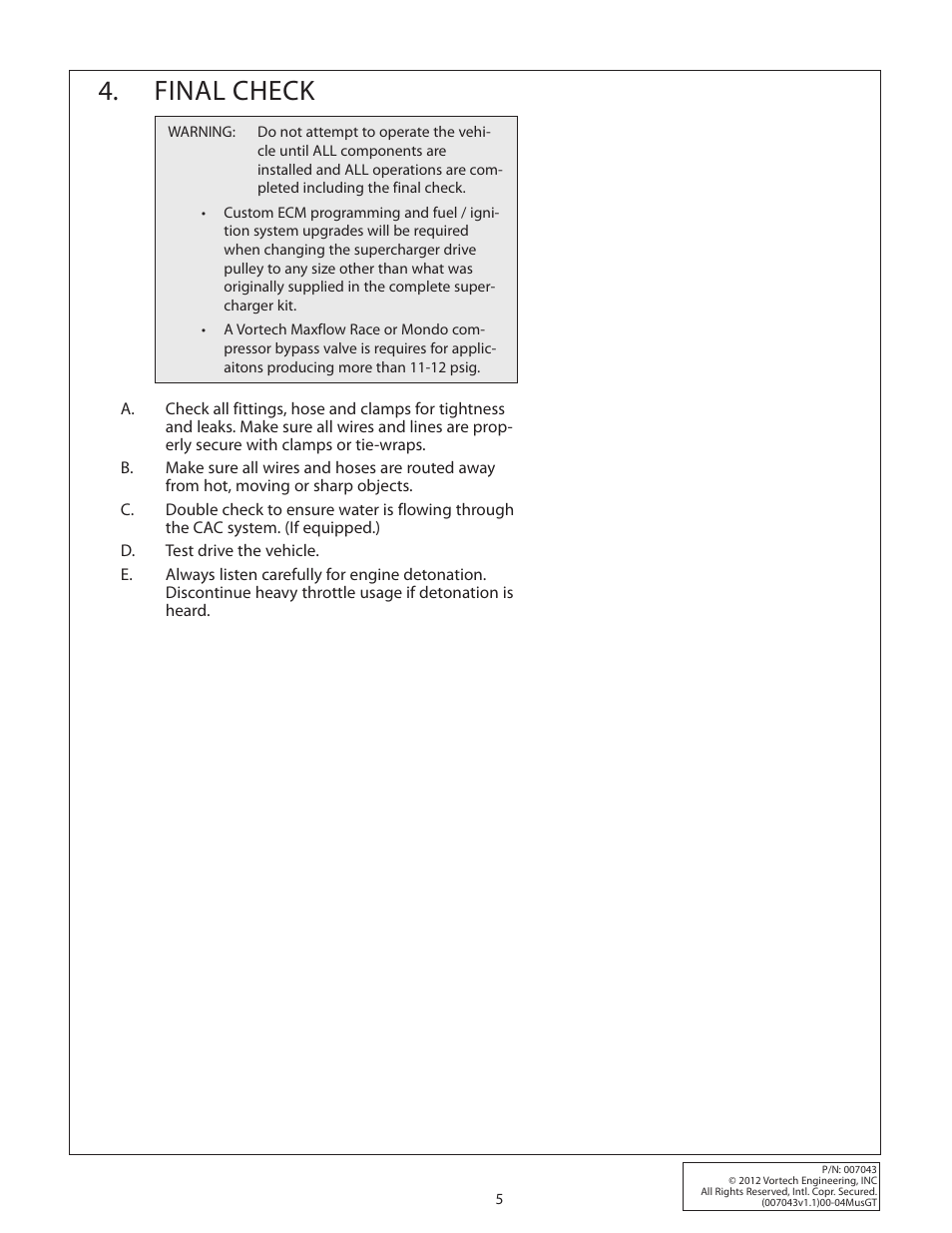 Final check | Vortech 8-Rib Drive Upgrade for 2000-2004 Mustang GT User Manual | Page 11 / 12