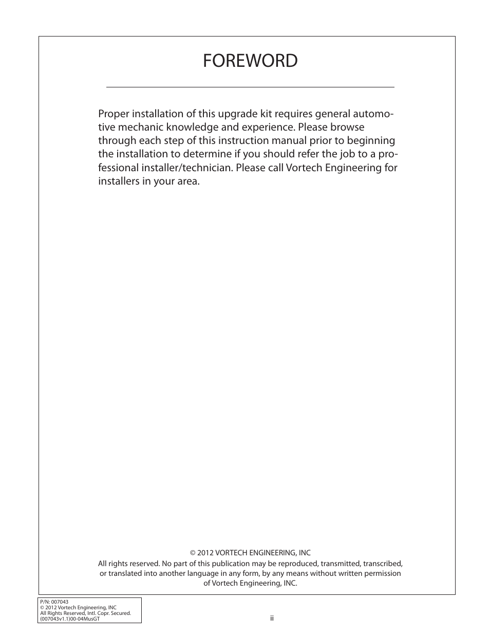 Foreword | Vortech 8-Rib Drive Upgrade for 2000-2004 Mustang GT User Manual | Page 2 / 12