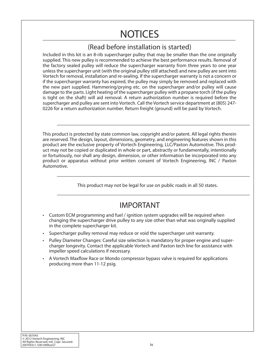 Notices, Important, Read before installation is started) | Vortech 8-Rib Drive Upgrade for 2000-2004 Mustang GT User Manual | Page 4 / 12