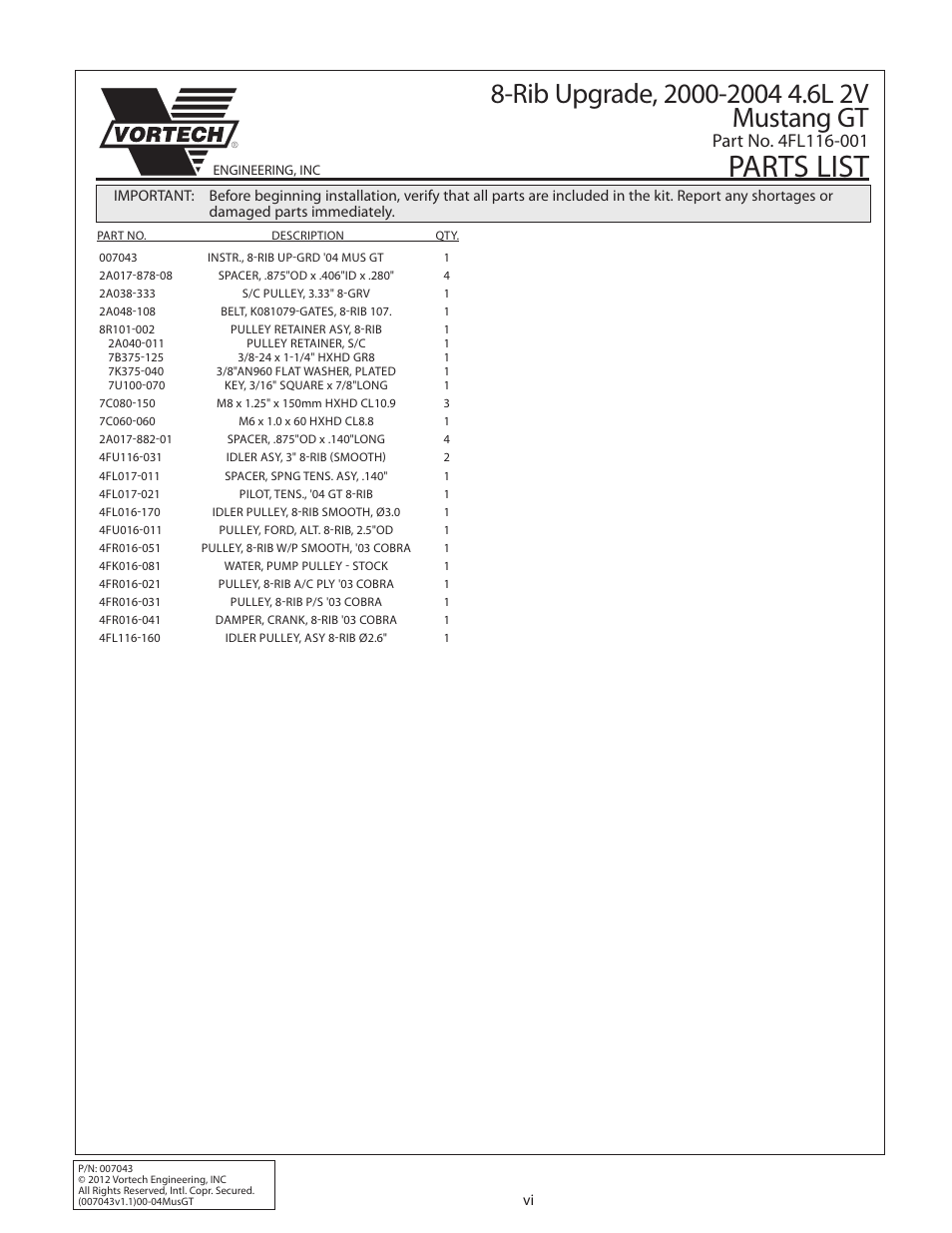 Parts list | Vortech 8-Rib Drive Upgrade for 2000-2004 Mustang GT User Manual | Page 6 / 12