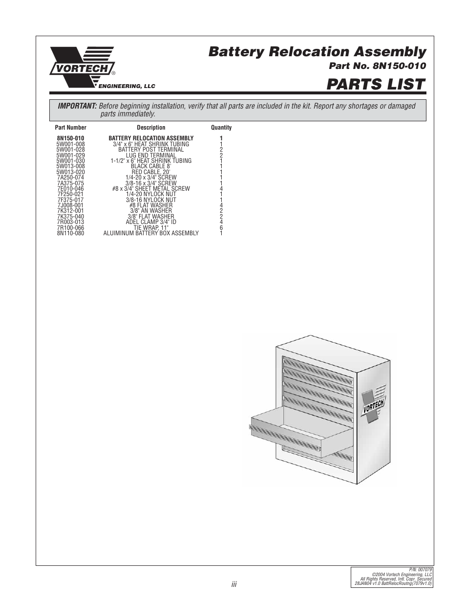 Parts list, Battery relocation assembly | Vortech Universal Battery Relocation User Manual | Page 3 / 6