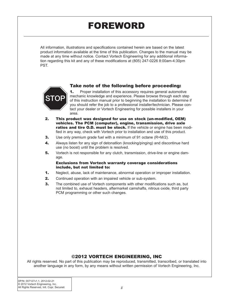 Foreword, Stop | Vortech Maxflo Fuel Pump Booster (FPB) for 2011-2012 Mustang User Manual | Page 2 / 19